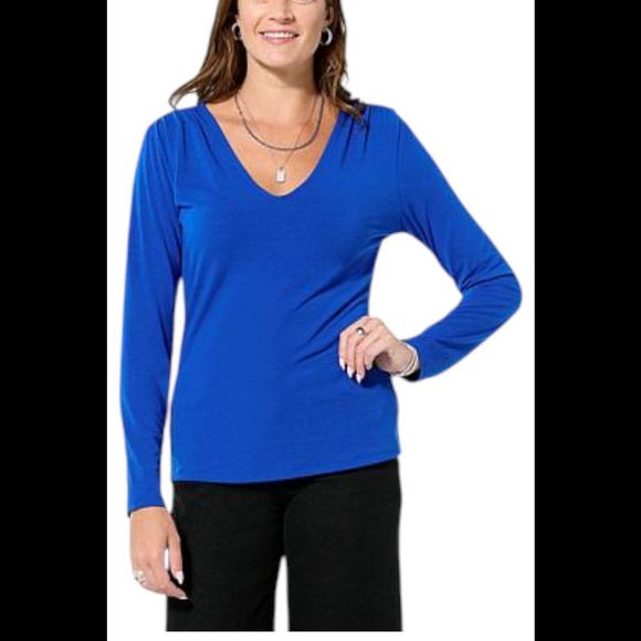 TWRHLL by Christie Brinkley Women's V-Neck Long-Sleeve Top Ocean - Regular - Picture 1 of 1